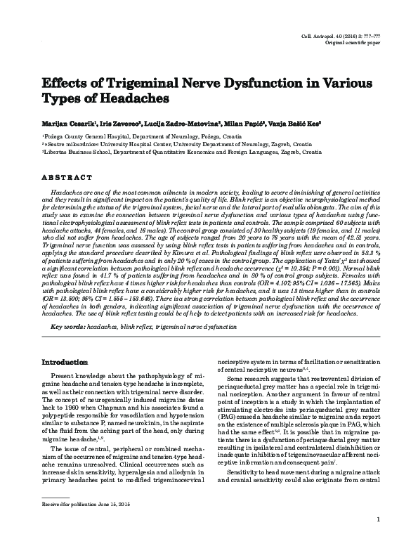 (PDF) Effects of Trigeminal Nerve Dysfunction in Various Types of Headaches
