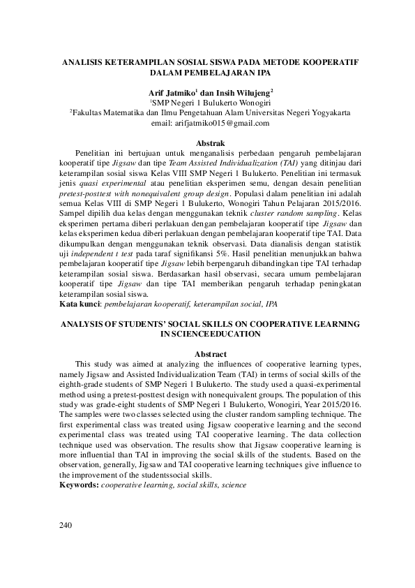 (PDF) Analysis of Students’ Social Skills on Cooperative Learning in ...