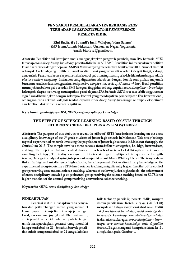 Pengaruh Pembelajaran Ipa Berbasis Sets Terhadap Cross Disciplinary Knowledge Peserta Didik