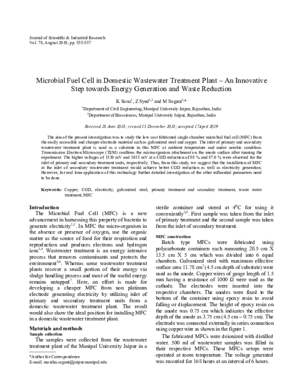 (PDF) Microbial Fuel Cell in Domestic Wastewater Treatment Plant – An ...