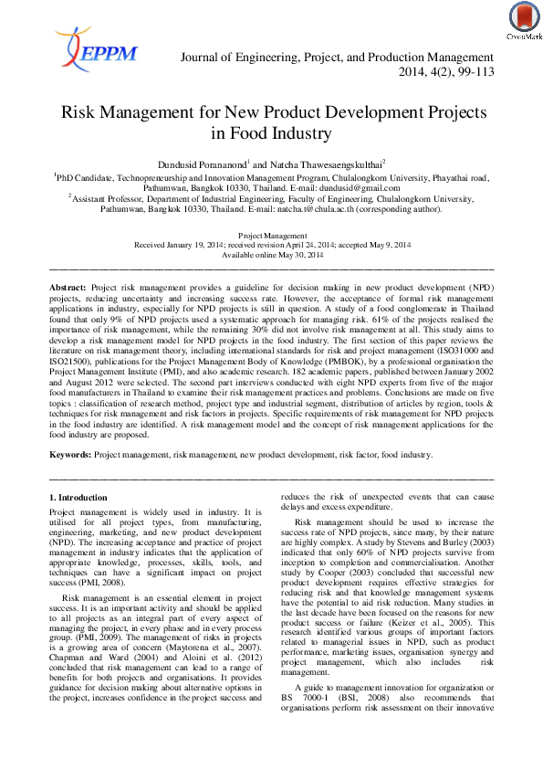 (PDF) Risk Management for New Product Development Projects in Food Industry