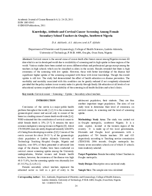 (PDF) Knowledge, Attitude and Cervical Cancer Screening Among Female ...