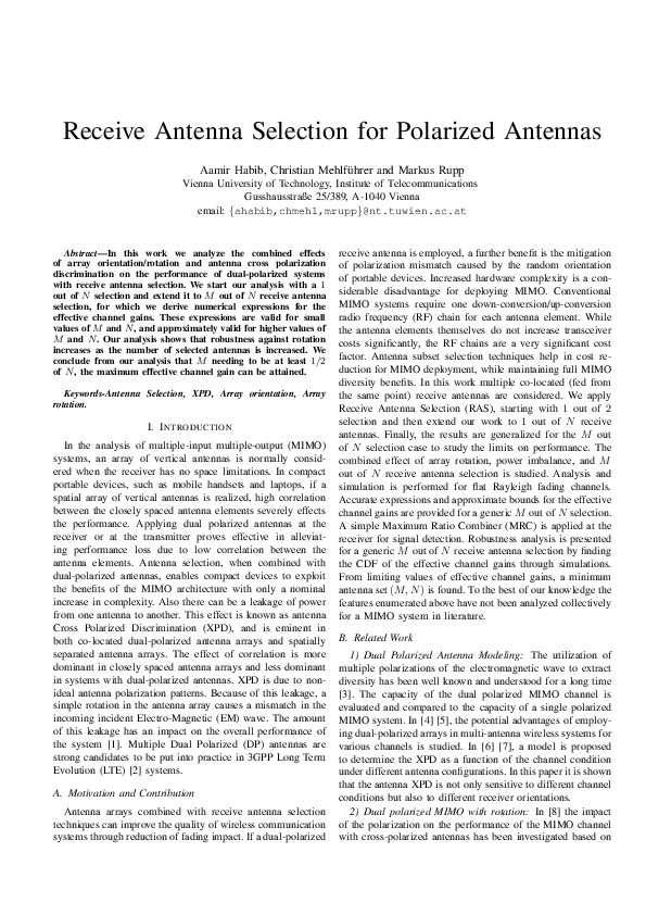 (PDF) Receive antenna selection for polarized antennas