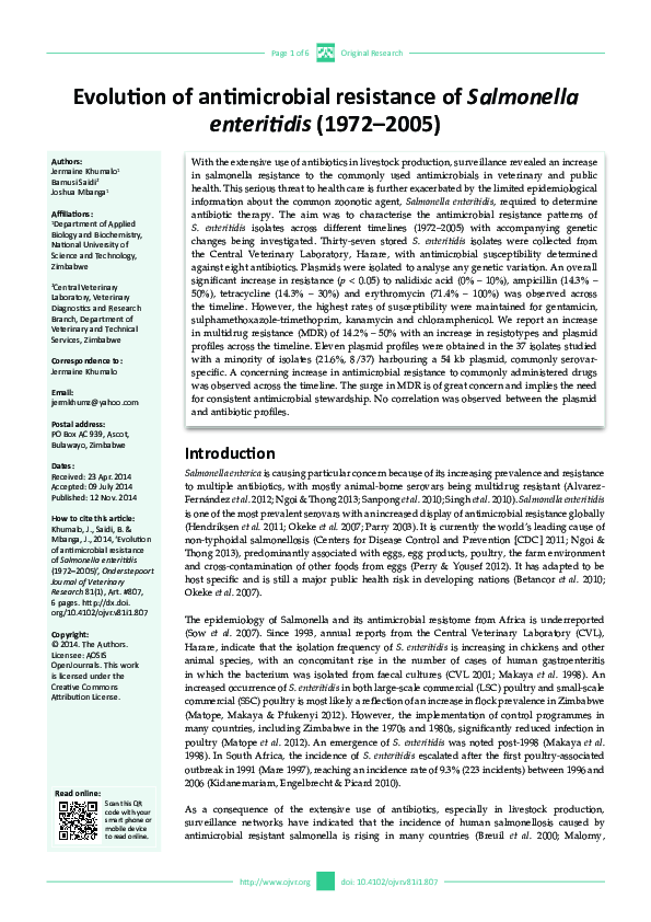 (PDF) Evolution of antimicrobial resistance of Salmonella enteritidis ...