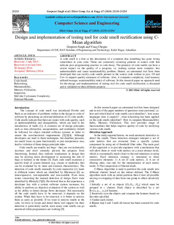 (PDF) Design and implementation of testing tool for code smell ...