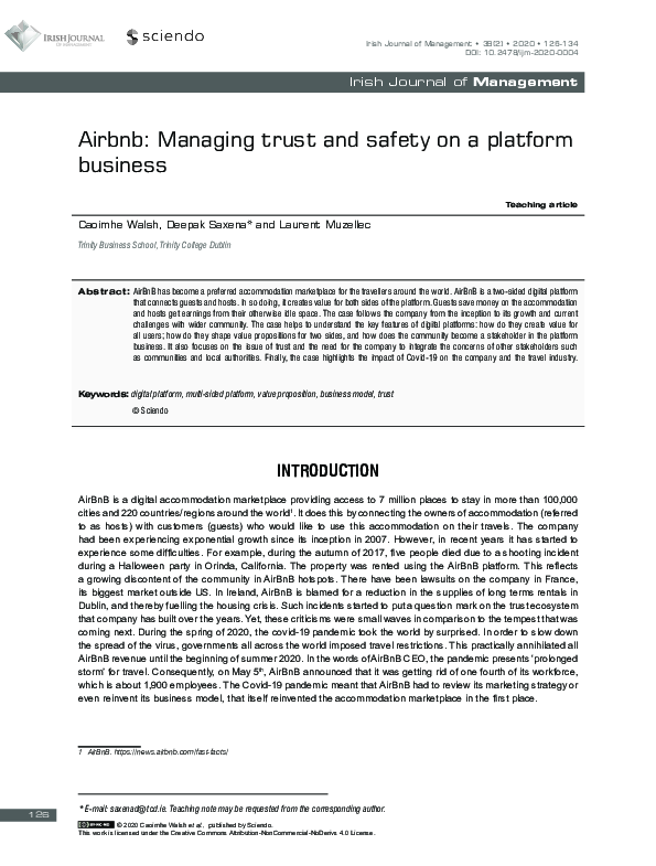 (PDF) Airbnb: Managing trust and safety on a platform business