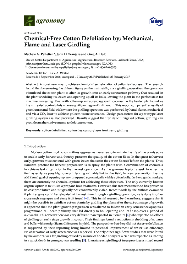 (PDF) Chemical-Free Cotton Defoliation by; Mechanical, Flame and Laser ...