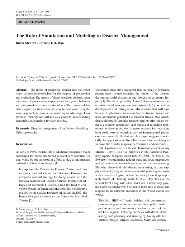 (PDF) The Role of Simulation and Modeling in Disaster Management