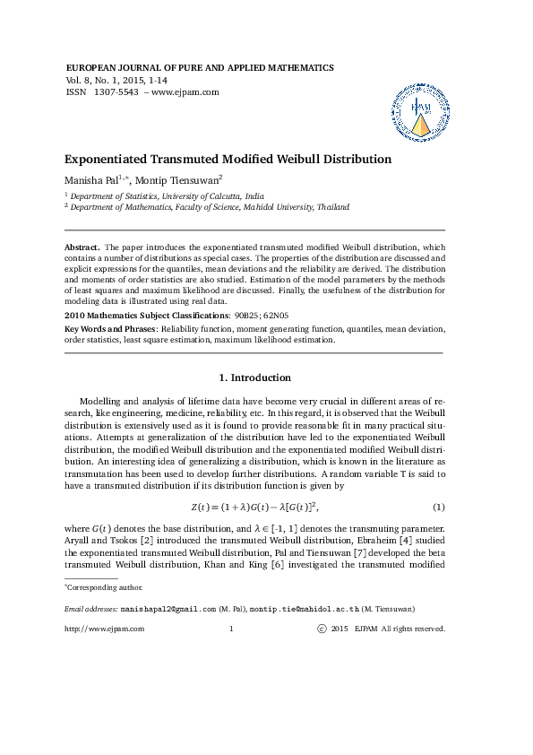 (PDF) Exponentiated Transmuted Modified Weibull Distribution