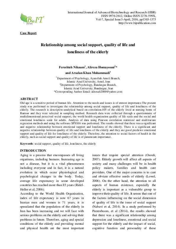 (PDF) Relationship among social support, quality of life and loneliness ...