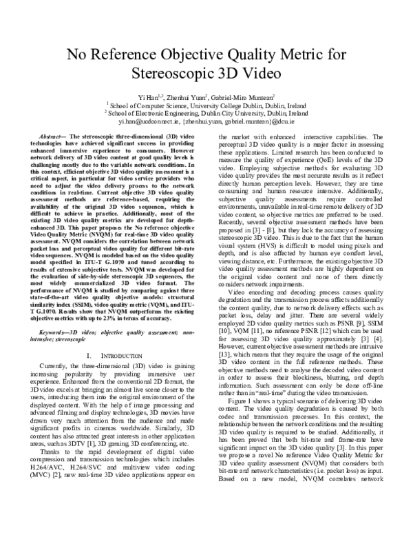 (PDF) No reference objective quality metric for stereoscopic 3D video
