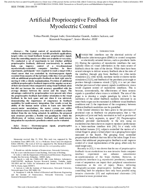 (PDF) Artificial Proprioceptive Feedback for Myoelectric Control