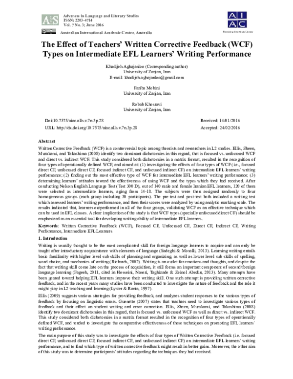 (PDF) The Effect of Teachers’ Written Corrective Feedback (WCF) Types ...