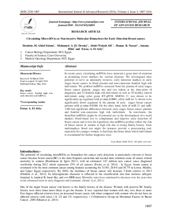 (PDF) Circulating MicroRNAs as Non-invasive Molecular Biomarkers for ...