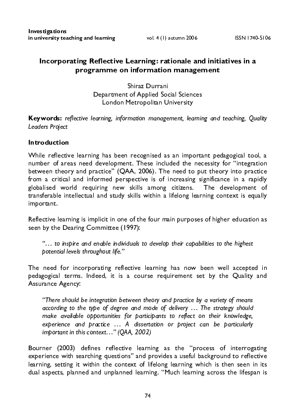 (PDF) Incorporating Reflective Learning: rationale and initiatives in a ...