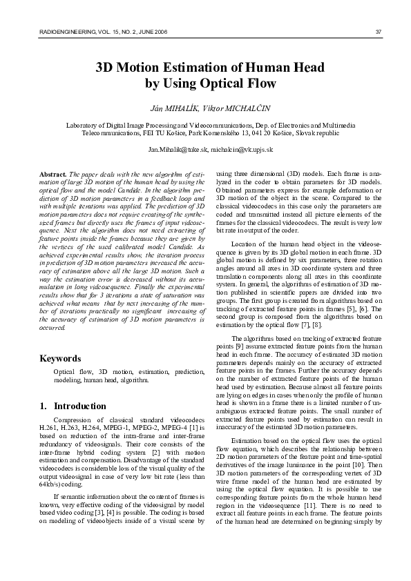 (PDF) Motion Estimation of Human Head by Using Optical Flow