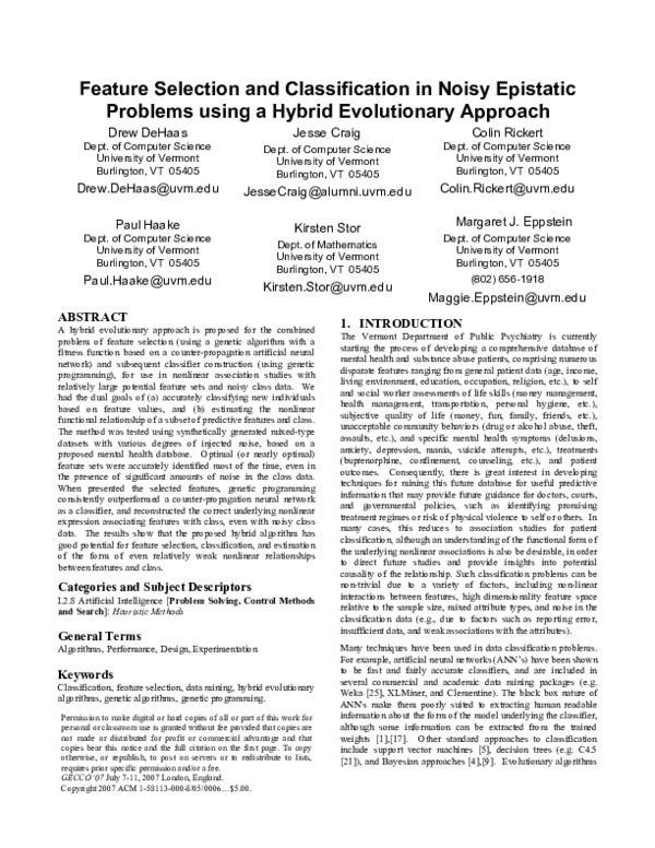 (PDF) Feature selection and classification in noisy epistatic problems ...