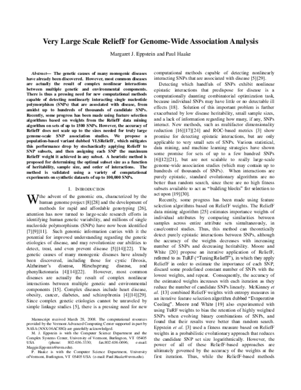 (PDF) Very large scale ReliefF for genome-wide association analysis