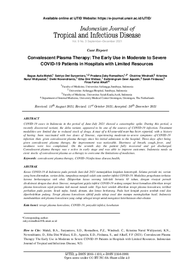 (PDF) Convalescent Plasma Therapy: The Early Use in Moderate to Severe ...