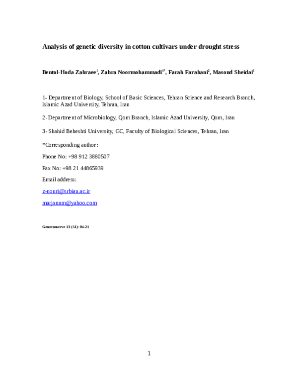(PDF) Analysis of genetic diversity in cotton cultivars under drought ...