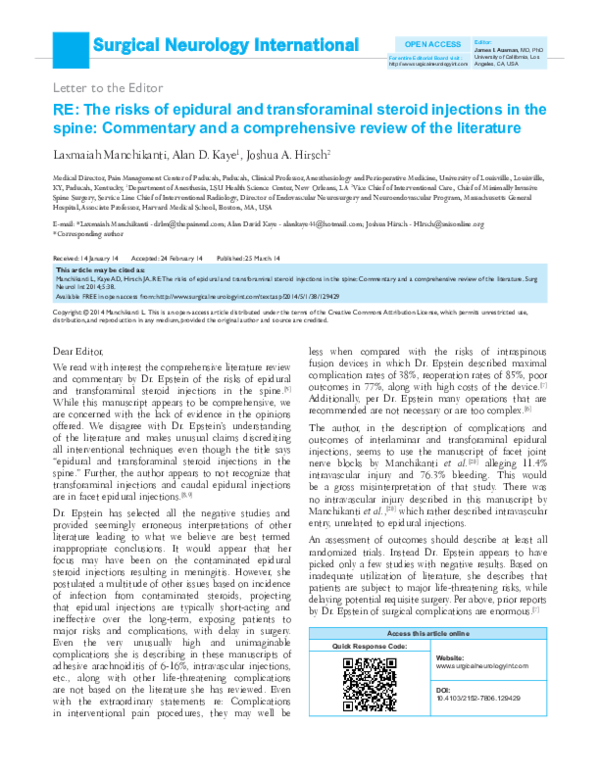 (PDF) RE: The risks of epidural and transforaminal steroid injections ...