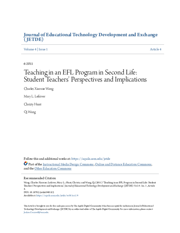 (PDF) Teaching in an EFL Program in Second Life: Student Teachers ...