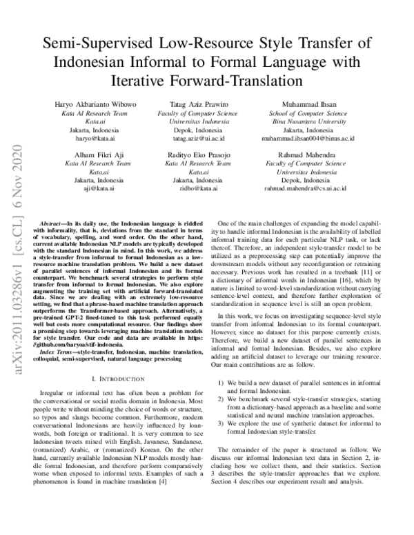 (PDF) Semi-Supervised Low-Resource Style Transfer of Indonesian ...