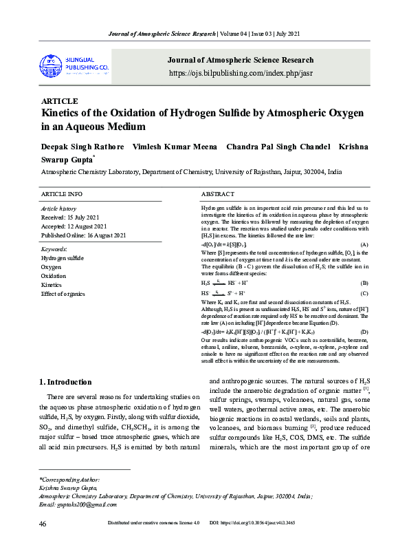 (PDF) Kinetics of the Oxidation of Hydrogen Sulfide by Atmospheric ...