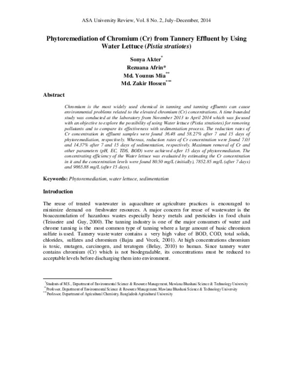(PDF) Phytoremediation of Chromium (Cr) from Tannery Effluent by Using ...