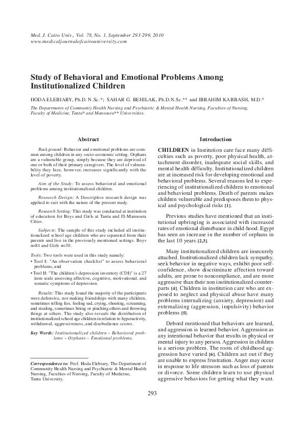 (PDF) Study of behavioral and emotional problems among ...