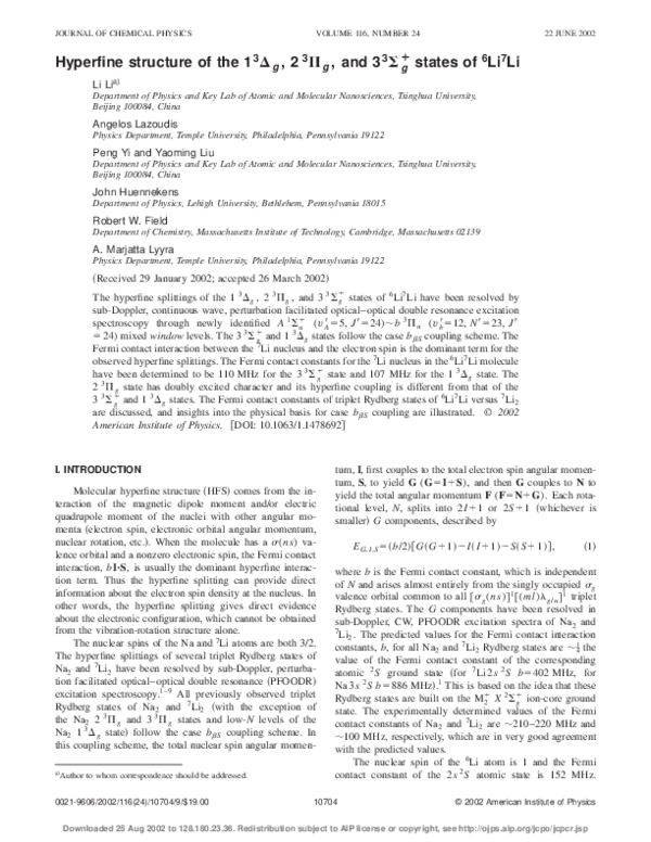 (PDF) Hyperfine structure of the 13D g ,2 3P g , and 3 3S g ¿ states of ...