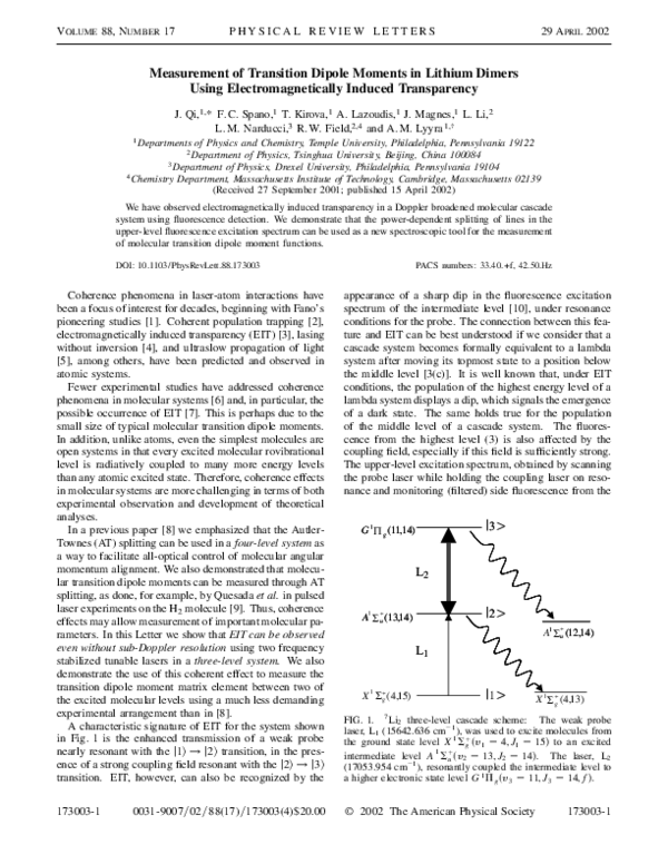 (PDF) Measurement of transition dipole moments in lithium dimers using ...