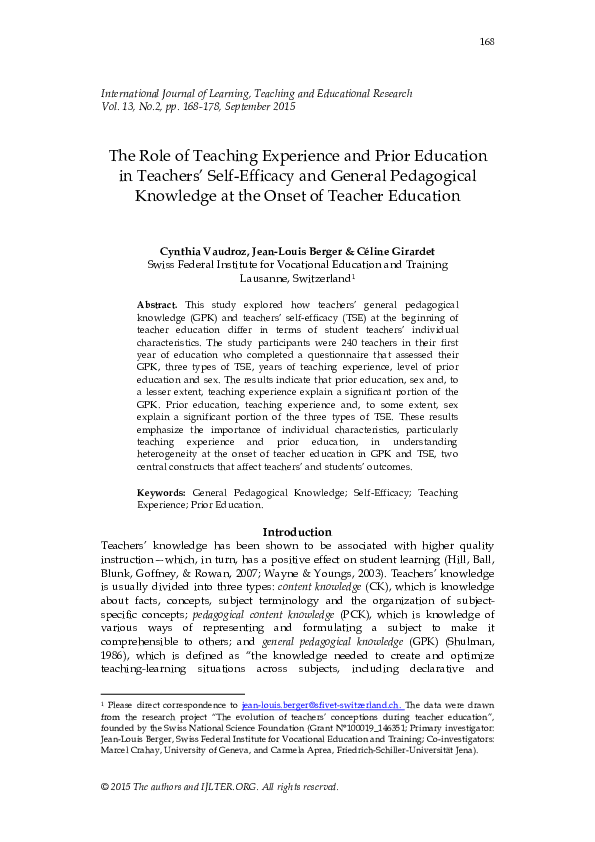 (PDF) The Role of Teaching Experience and Prior Education in Teachers ...