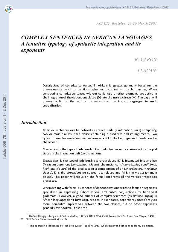 (PDF) Complex Sentences in African Languages