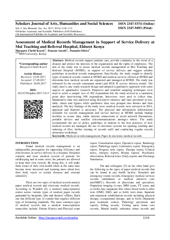 (PDF) Assessment of Medical Records Management in Support of Service