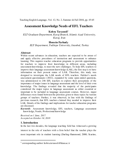 (PDF) Assessment Knowledge Needs of EFL Teachers