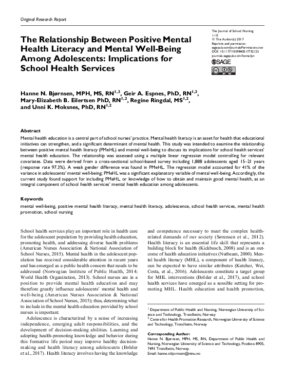 (PDF) The Relationship Between Positive Mental Health Literacy and ...