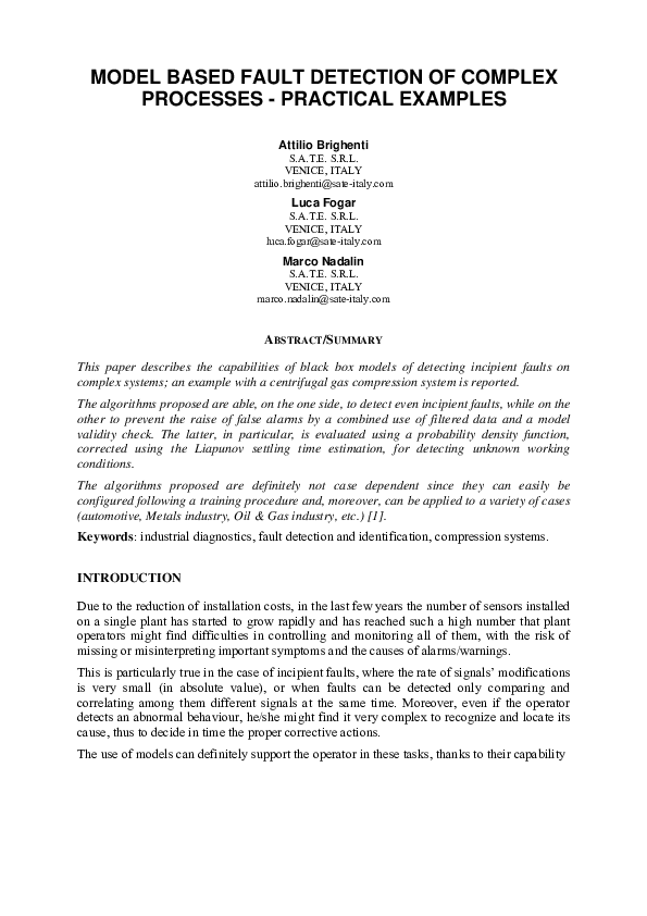 (PDF) Model Based Fault Detection of Complex Processes - Practical Examples