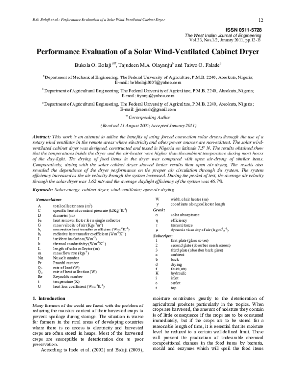 (PDF) Performance Evaluation of a Solar Wind-Ventilated Cabinet Dryer