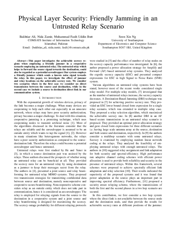 (PDF) Physical layer security: Friendly jamming in an untrusted relay ...