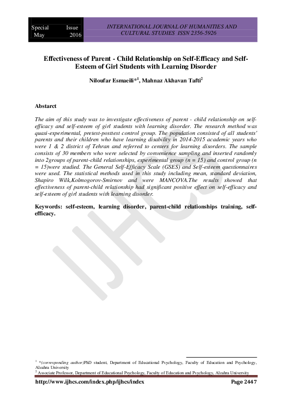 (PDF) Effectiveness of Parent - Child Relationship on Self-Efficacy and ...
