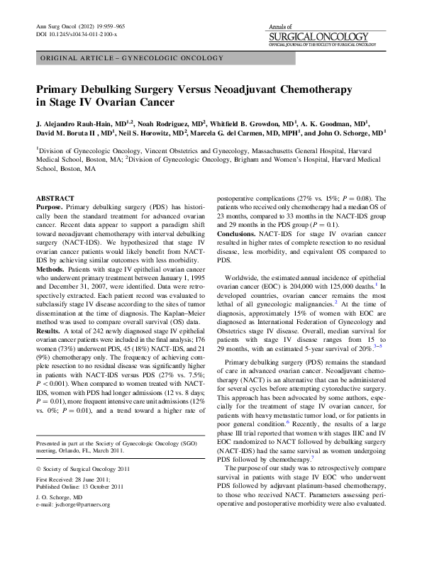 (PDF) Primary Debulking Surgery Versus Neoadjuvant Chemotherapy in ...