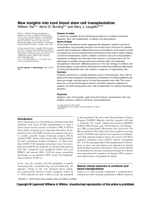 (PDF) New insights into cord blood stem cell transplantation