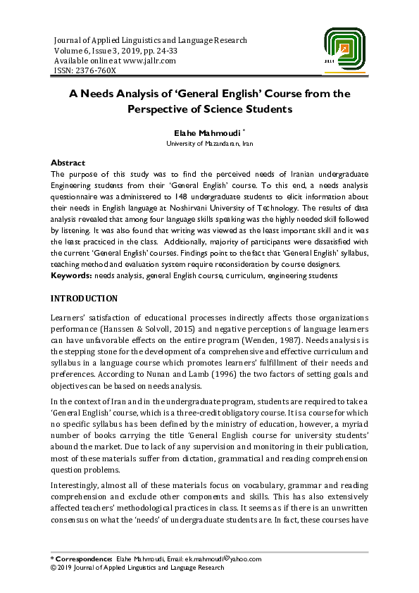 (PDF) A Needs Analysis of ‘General English’ Course from the Perspective ...