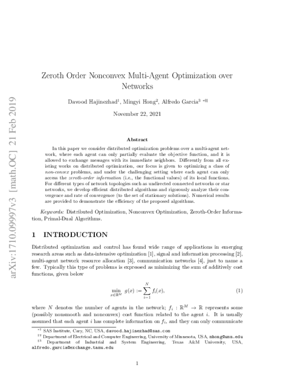 (PDF) Zeroth Order Nonconvex Multi-Agent Optimization over Networks
