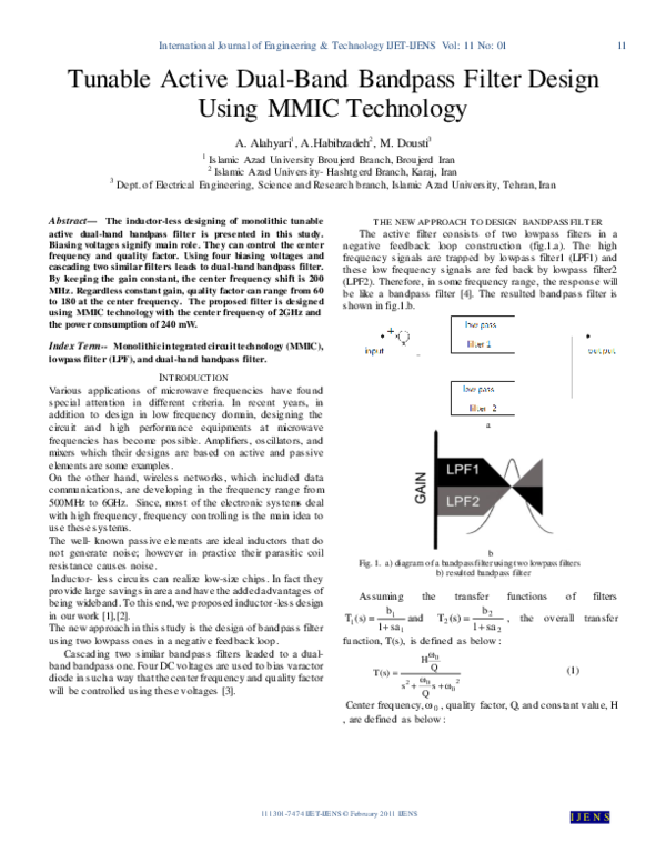 (PDF) Tunable Active Dual-Band Bandpass Filter Design Using MMIC Technology