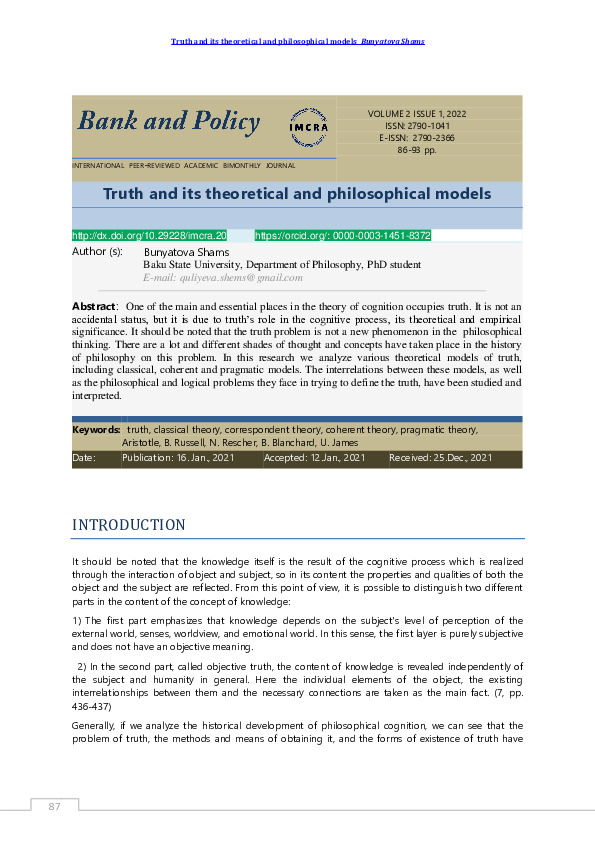 (PDF) Truth and its theoretical and philosophical models