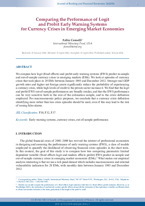 (PDF) Comparing the Performance of Logit and Probit Early Warning