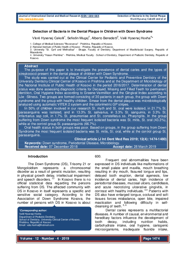 (PDF) Detection of Bacteria in the Dental Plaque in Children with Down ...