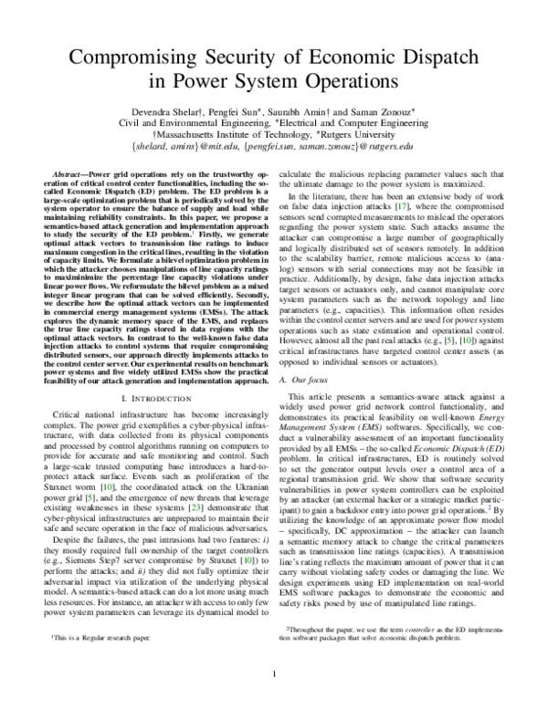 (PDF) Compromising Security of Economic Dispatch in Power System Operations